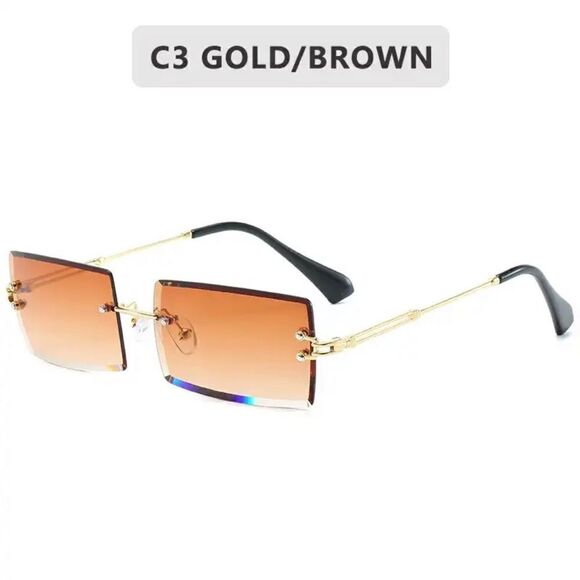 Rectangle Sunglasses Gold & Brown Rimless - Picture 1 of 3